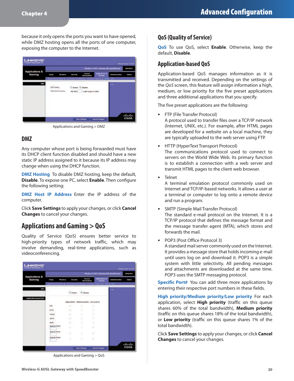 Applications and gaming > qos, Advanced configuration, Qos (quality of service) | Application-based qos | Linksys WAG54GS User Manual | Page 21 / 38