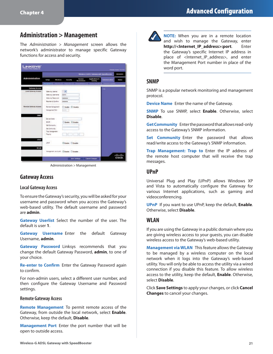 Administration > management, Advanced configuration, Gateway access | Snmp, Upnp, Wlan | Linksys WAG54GS User Manual | Page 22 / 38