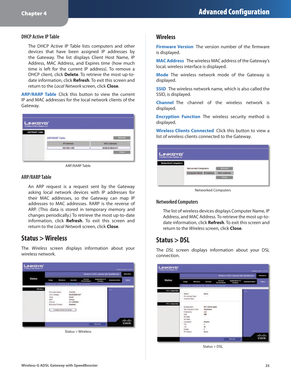 Status > wireless, Status > dsl, Status > wireless status > dsl | Advanced configuration, Wireless | Linksys WAG54GS User Manual | Page 26 / 38