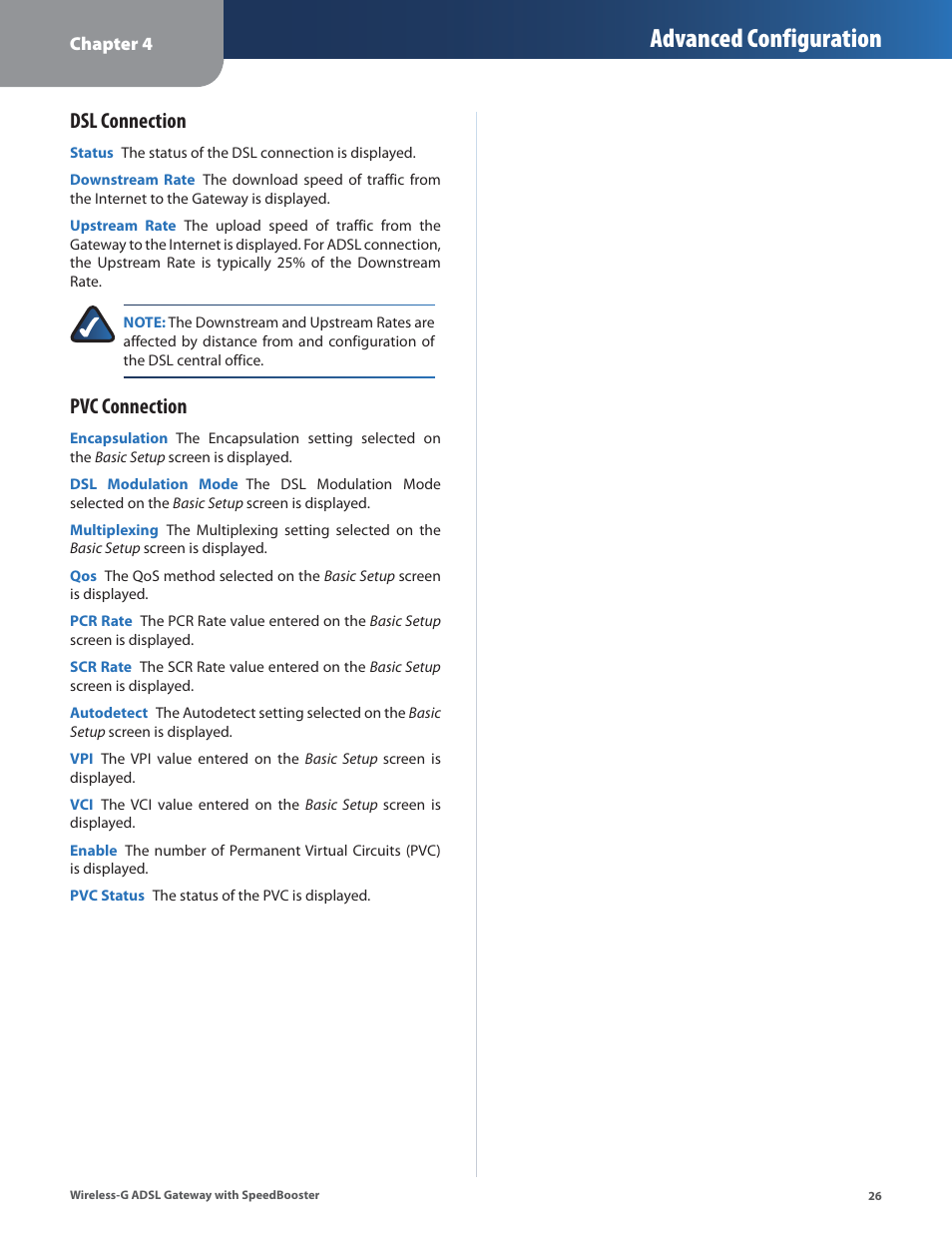 Advanced configuration, Dsl connection, Pvc connection | Linksys WAG54GS User Manual | Page 27 / 38