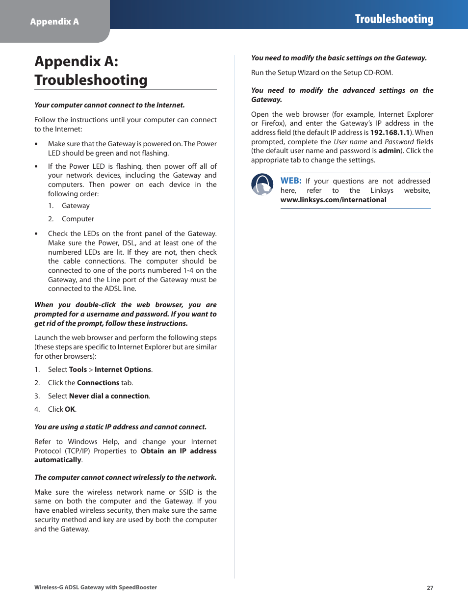 Appendix a: troubleshooting, Appendx a: troubleshootng, Troubleshooting | Linksys WAG54GS User Manual | Page 28 / 38