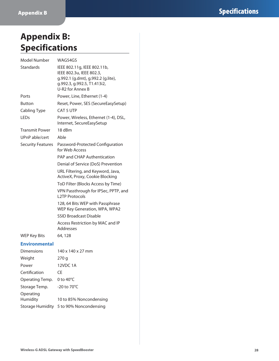 Appendix b: specifications, Appendx b: specfcatons, Specifications | Linksys WAG54GS User Manual | Page 29 / 38