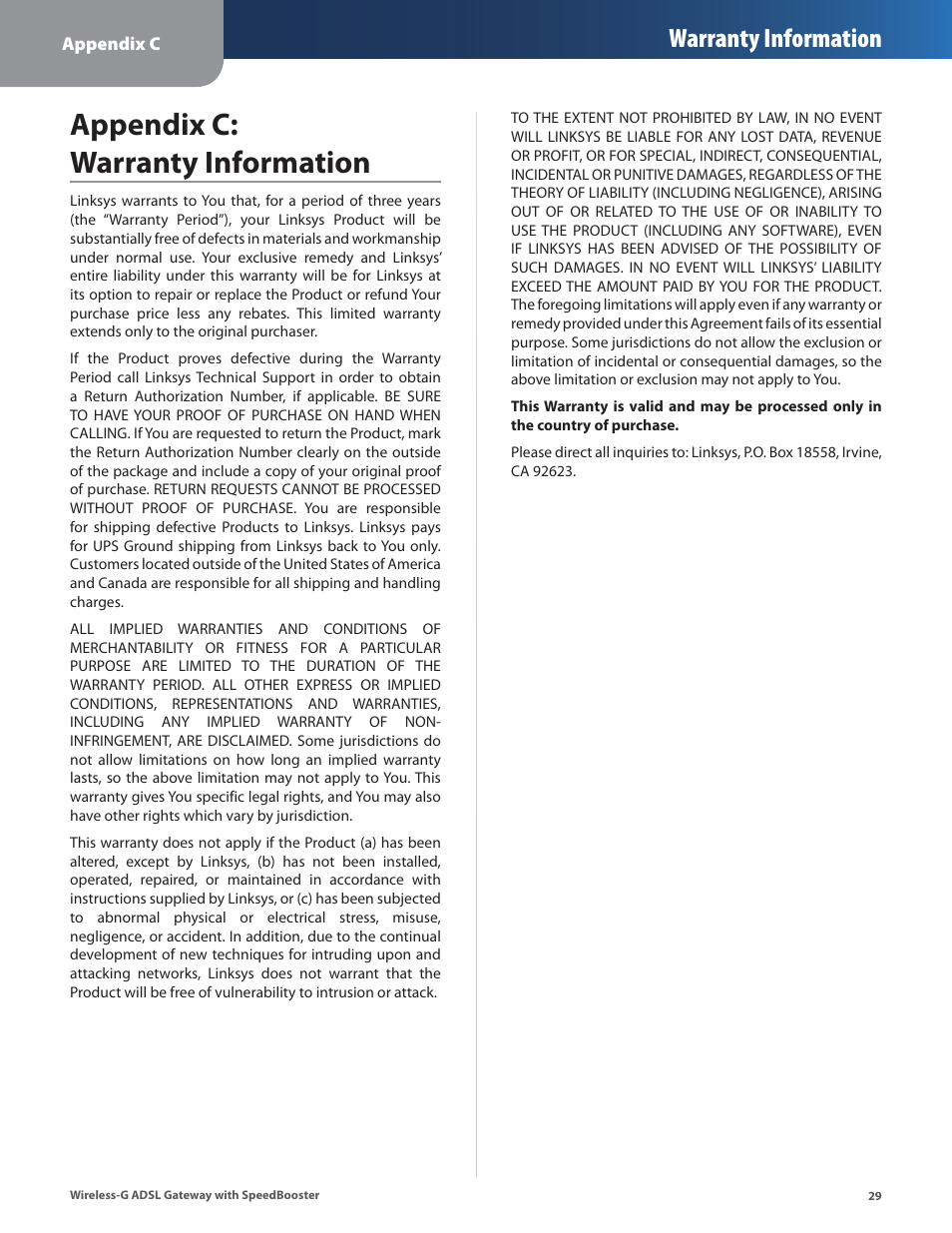 Appendix c: warranty information, Appendx c: warranty informaton, Warranty information | Linksys WAG54GS User Manual | Page 30 / 38