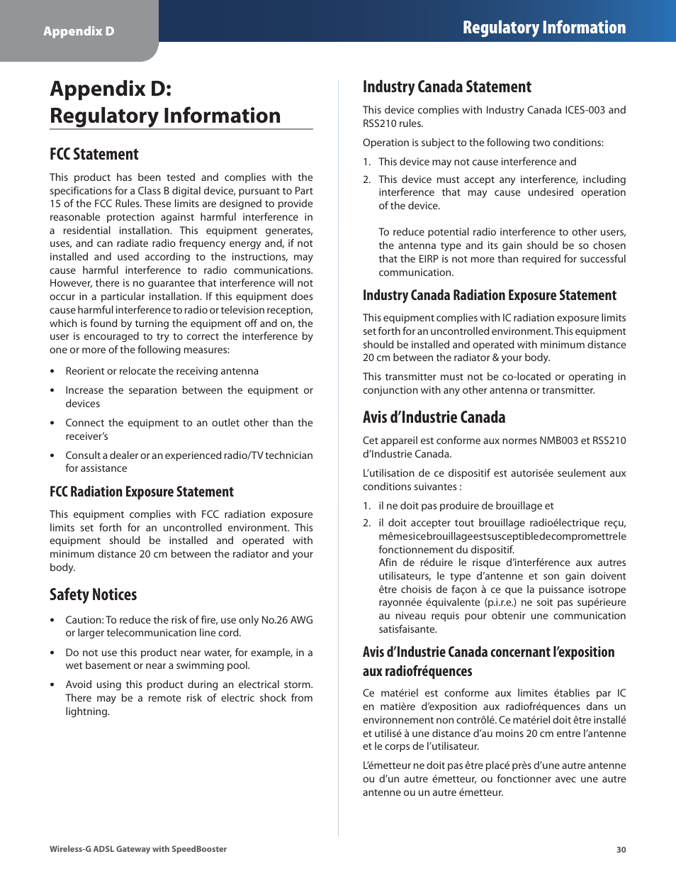 Appendix d: regulatory information, Fcc statement, Safety notices | Industry canada statement, Avis d’industrie canada, Appendx d: regulatory informaton, Regulatory information, Fcc radiation exposure statement, Industry canada radiation exposure statement | Linksys WAG54GS User Manual | Page 31 / 38