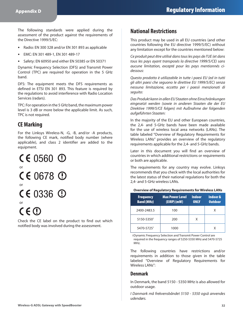 Ce marking, National restrictions, Ce marking national restrictions | Regulatory information, Denmark | Linksys WAG54GS User Manual | Page 33 / 38