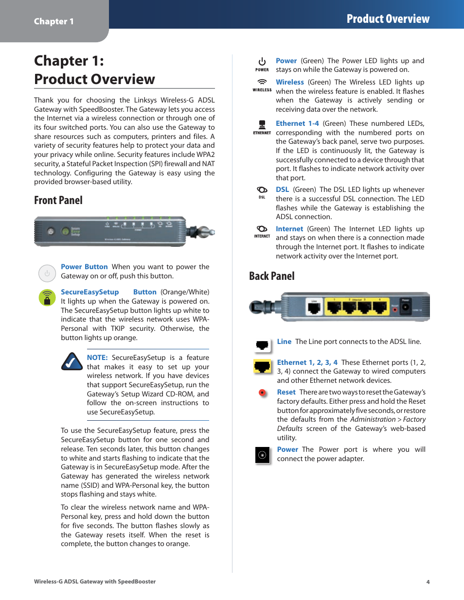 Chapter 1: product overview, Front panel, Back panel | Front panel back panel, Chapter 1: product overvew, Product overview | Linksys WAG54GS User Manual | Page 5 / 38