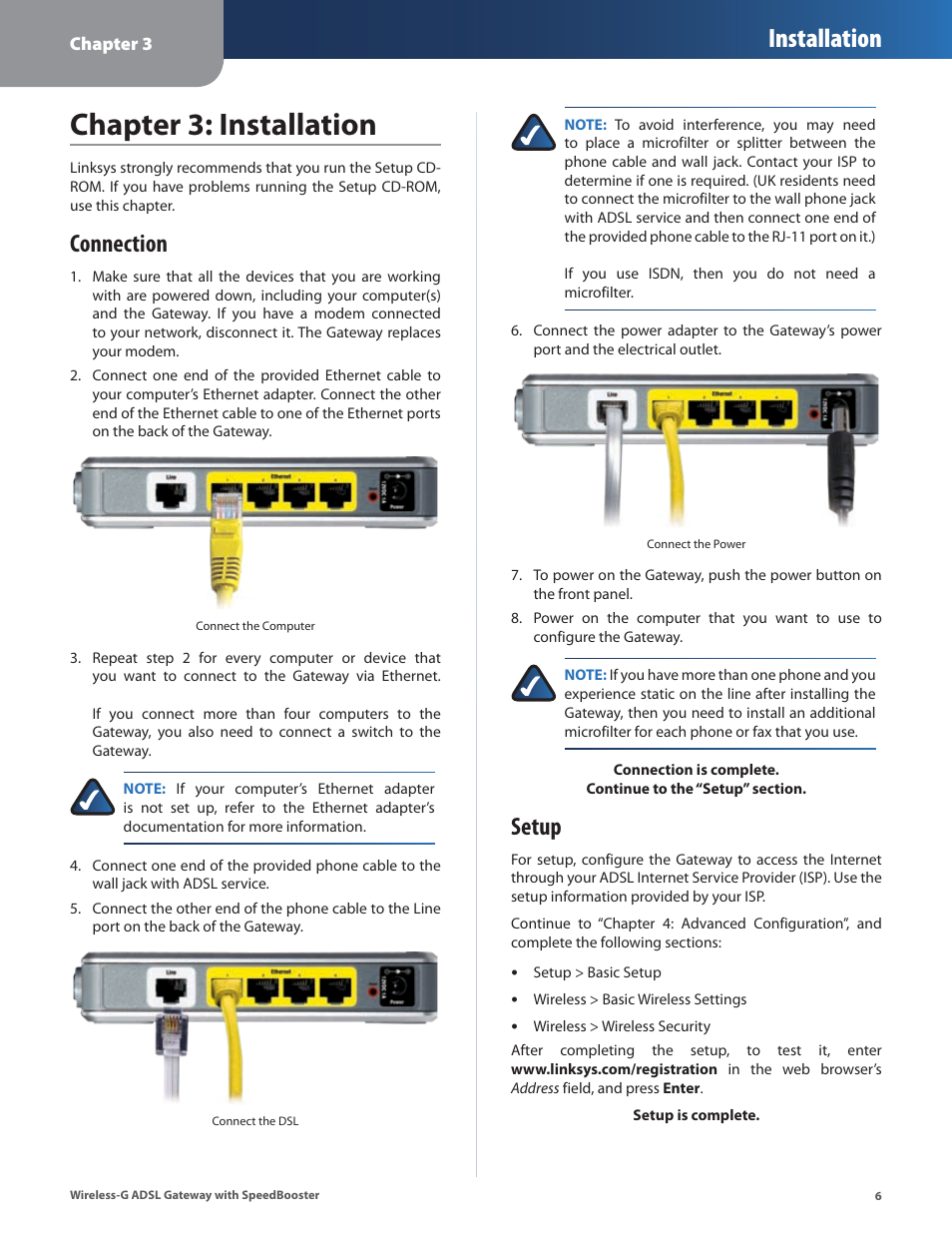 Chapter 3: installation, Connection, Setup | Connection setup, Chapter 3: installaton, Installation | Linksys WAG54GS User Manual | Page 7 / 38