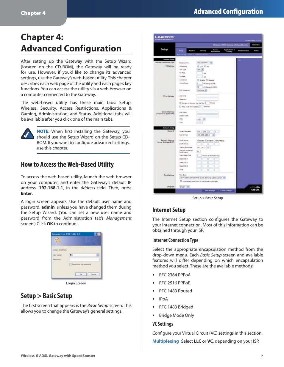 Chapter 4: advanced configuration, Setup > basic setup, Chapter : advanced confguraton | Advanced configuration, How to access the web-based utility, Internet setup | Linksys WAG54GS User Manual | Page 8 / 38