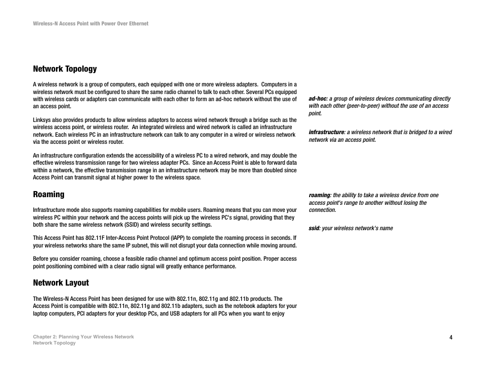 Chapter 2: planning your wireless network, Network topology, Roaming | Network layout | Linksys WAP4400N User Manual | Page 10 / 69