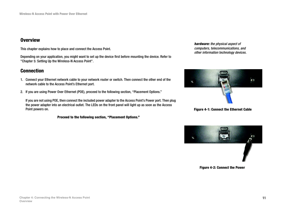 Chapter 4: connecting the wireless-n access point, Overview, Connection | Linksys WAP4400N User Manual | Page 17 / 69