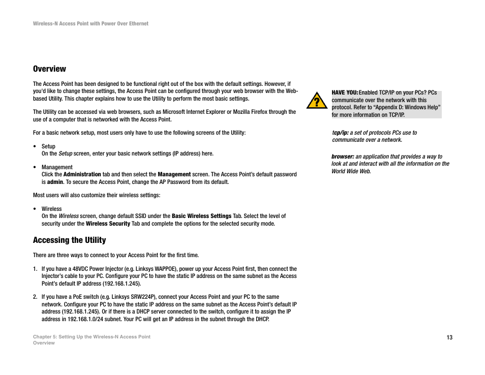 Chapter 5: setting up the wireless-n access point, Overview, Accessing the utility | Linksys WAP4400N User Manual | Page 19 / 69