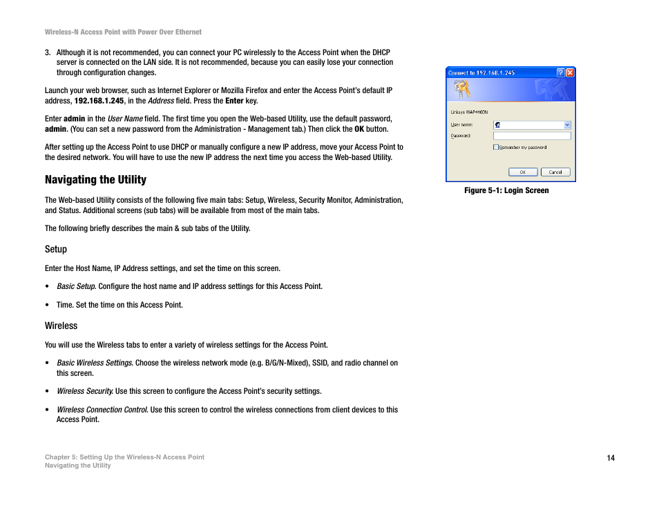 Navigating the utility, Setup, Wireless | Linksys WAP4400N User Manual | Page 20 / 69