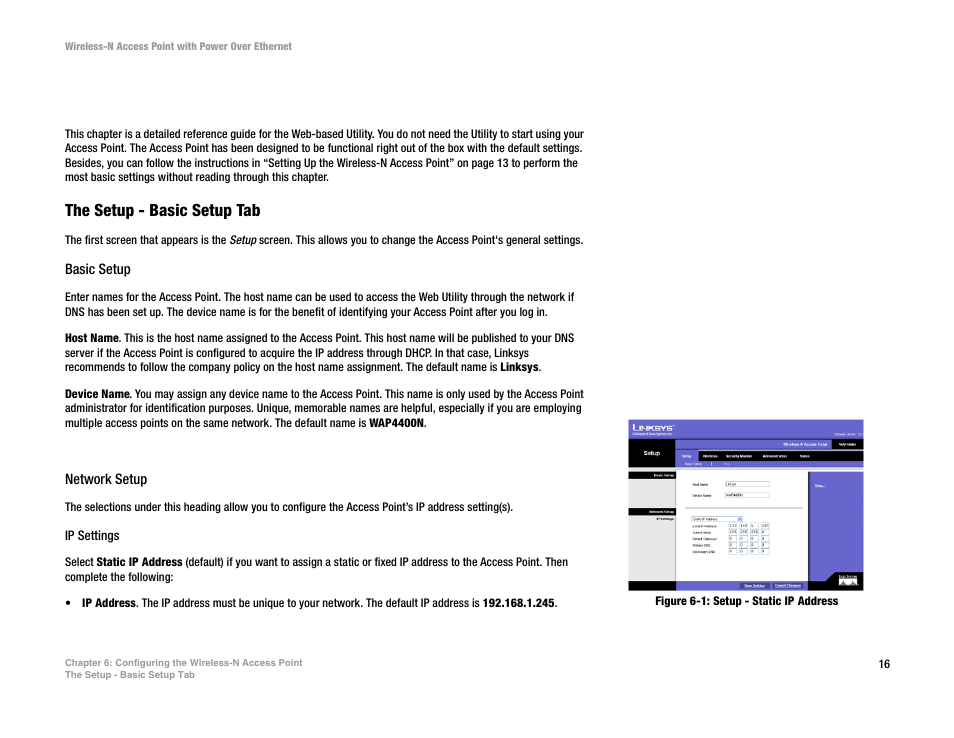Chapter 6: configuring the wireless-n access point, The setup - basic setup tab, Basic setup | Network setup | Linksys WAP4400N User Manual | Page 22 / 69
