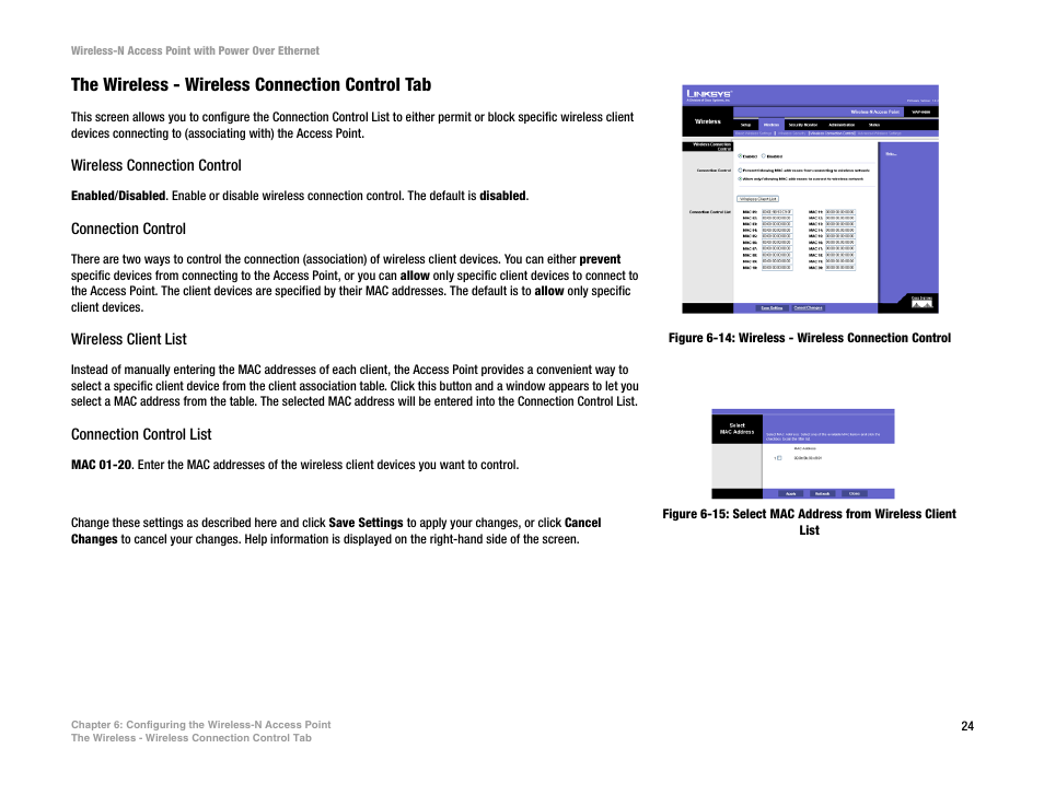 The wireless - wireless connection control tab, Wireless connection control, Connection control | Wireless client list, Connection control list | Linksys WAP4400N User Manual | Page 30 / 69