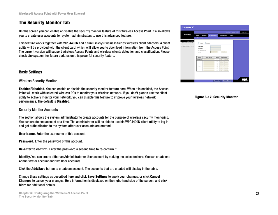The security monitor tab, Basic settings | Linksys WAP4400N User Manual | Page 33 / 69
