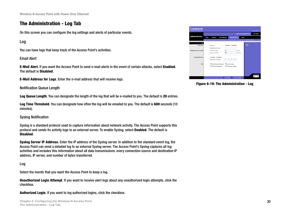 The administration - log tab | Linksys WAP4400N User Manual | Page 36 / 69