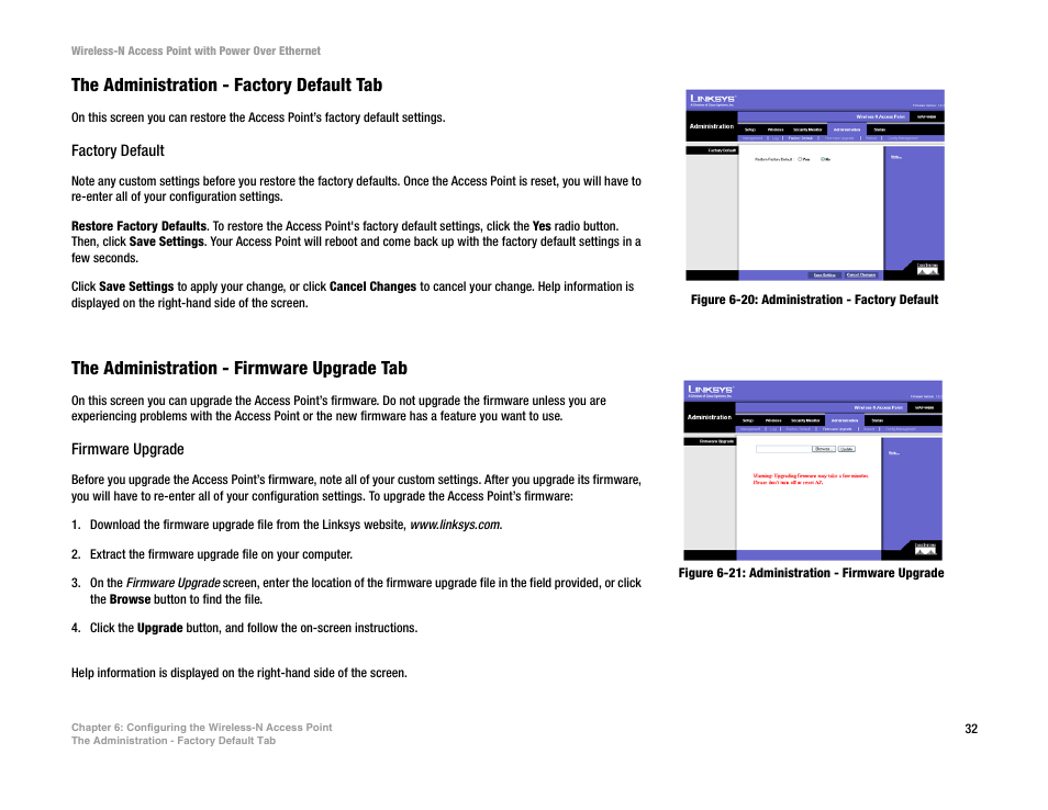 The administration - factory default tab, Factory default, The administration - firmware upgrade tab | Firmware upgrade | Linksys WAP4400N User Manual | Page 38 / 69