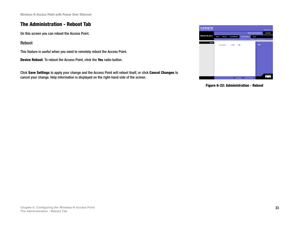 The administration - reboot tab, Reboot | Linksys WAP4400N User Manual | Page 39 / 69