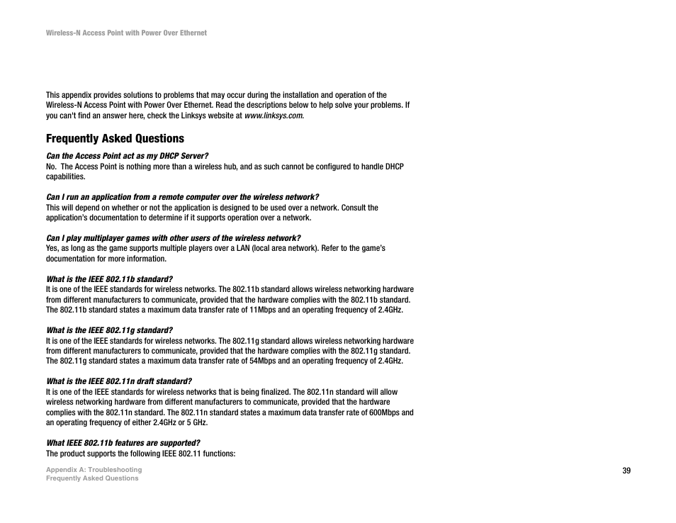 Appendix a: troubleshooting, Frequently asked questions | Linksys WAP4400N User Manual | Page 45 / 69