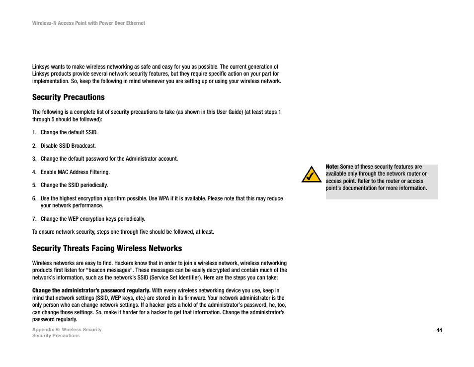 Appendix b: wireless security, Security precautions, Security threats facing wireless networks | Linksys WAP4400N User Manual | Page 50 / 69