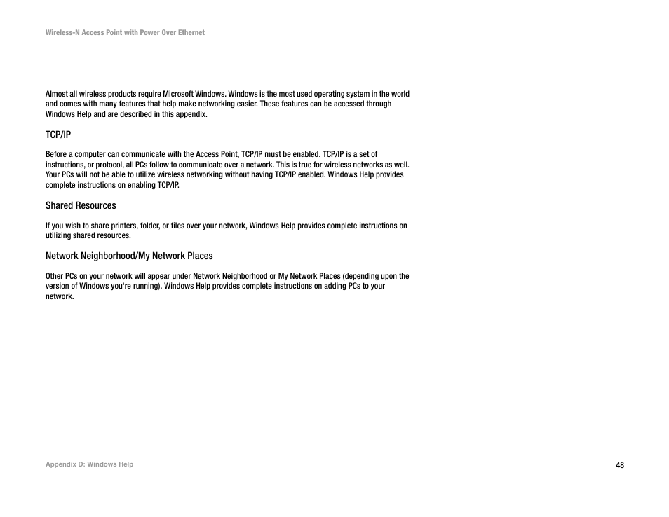 Appendix d: windows help, Tcp/ip, Shared resources | Network neighborhood/my network places | Linksys WAP4400N User Manual | Page 54 / 69
