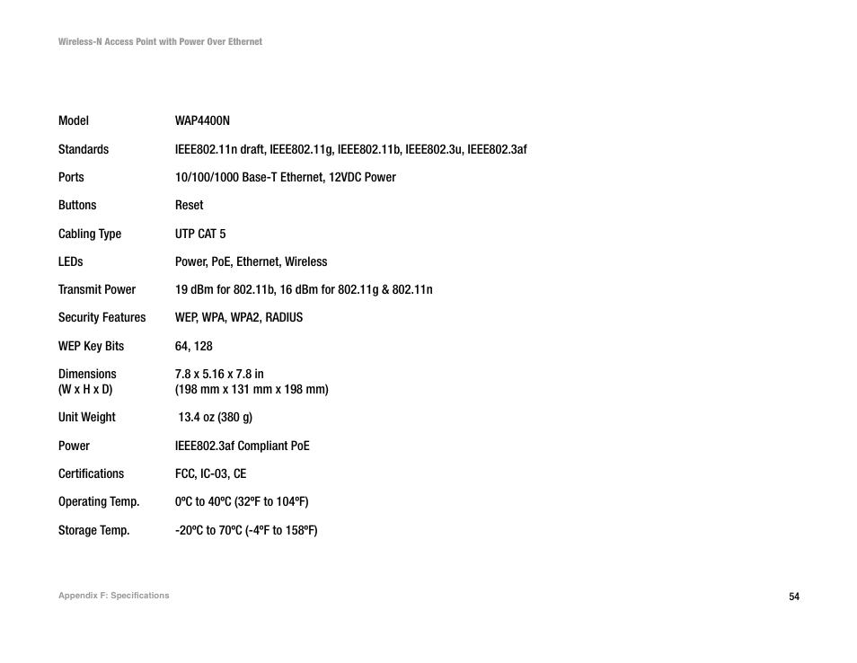 Appendix f: specifications | Linksys WAP4400N User Manual | Page 60 / 69