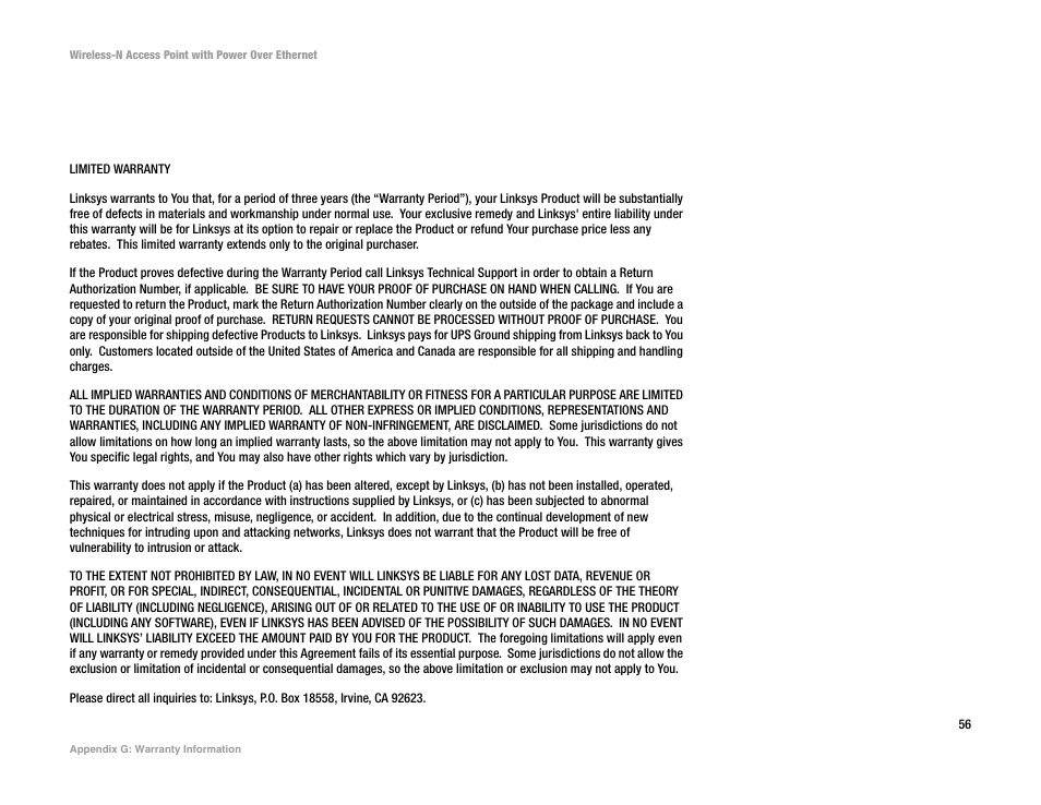 Appendix g: warranty information | Linksys WAP4400N User Manual | Page 62 / 69
