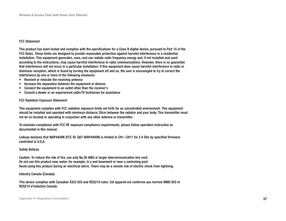 Appendix h: regulatory information | Linksys WAP4400N User Manual | Page 63 / 69