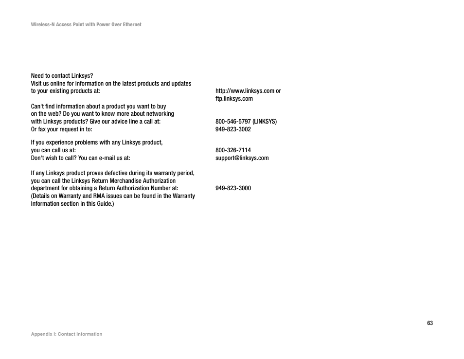 Appendix i: contact information | Linksys WAP4400N User Manual | Page 69 / 69