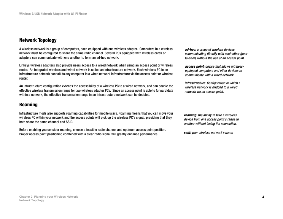 Chapter 2: planning your wireless network, Network topology, Roaming | Linksys WUSBF54G User Manual | Page 10 / 63