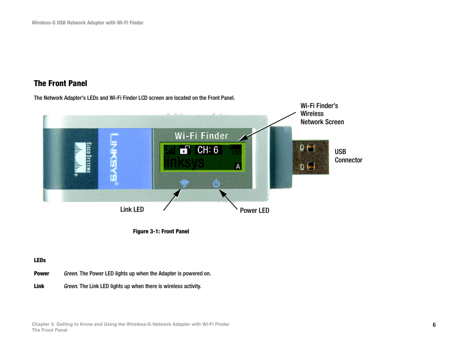 With wi-fi finder, The front panel, Figure 3-1: front panel | Linksys WUSBF54G User Manual | Page 12 / 63