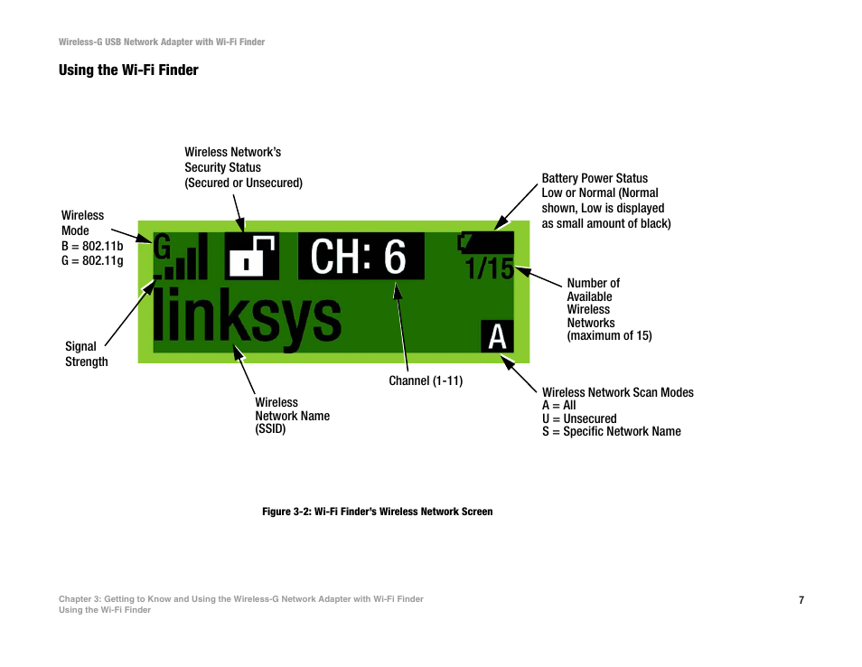 Using the wi-fi finder, Figure 3-2: wi-fi finder’s wireless network screen | Linksys WUSBF54G User Manual | Page 13 / 63