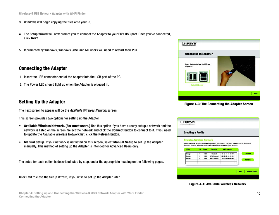 Connecting the adapter, Setting up the adapter, Figure 4-3: the connecting the adapter screen | Figure 4-4: available wireless network | Linksys WUSBF54G User Manual | Page 16 / 63