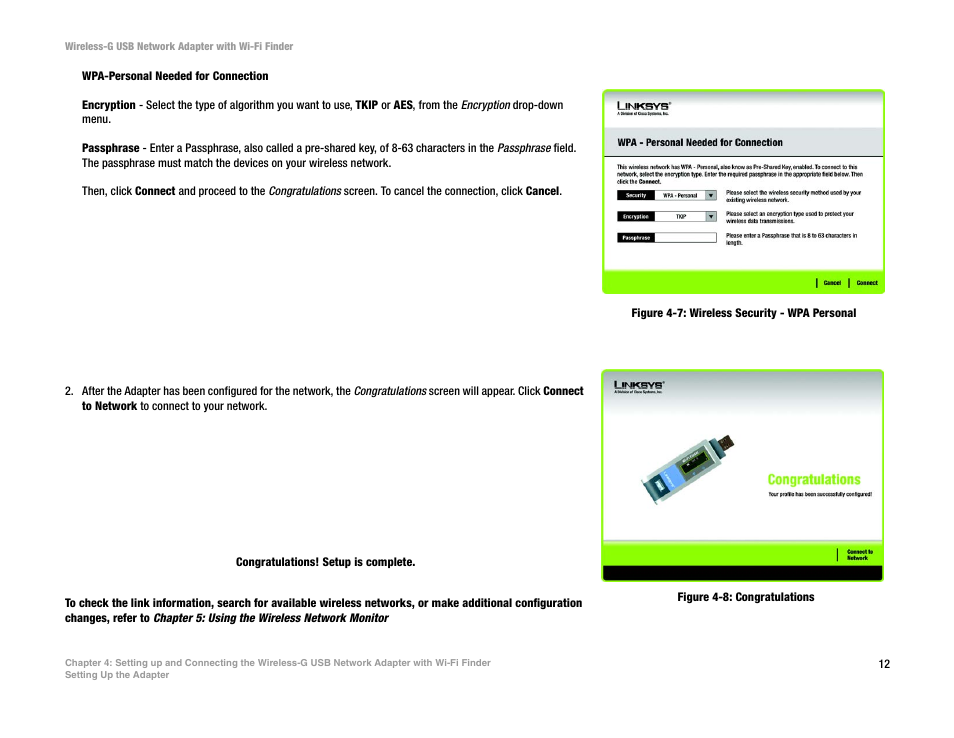 Figure 4-7: wireless security - wpa personal, Figure 4-8: congratulations | Linksys WUSBF54G User Manual | Page 18 / 63