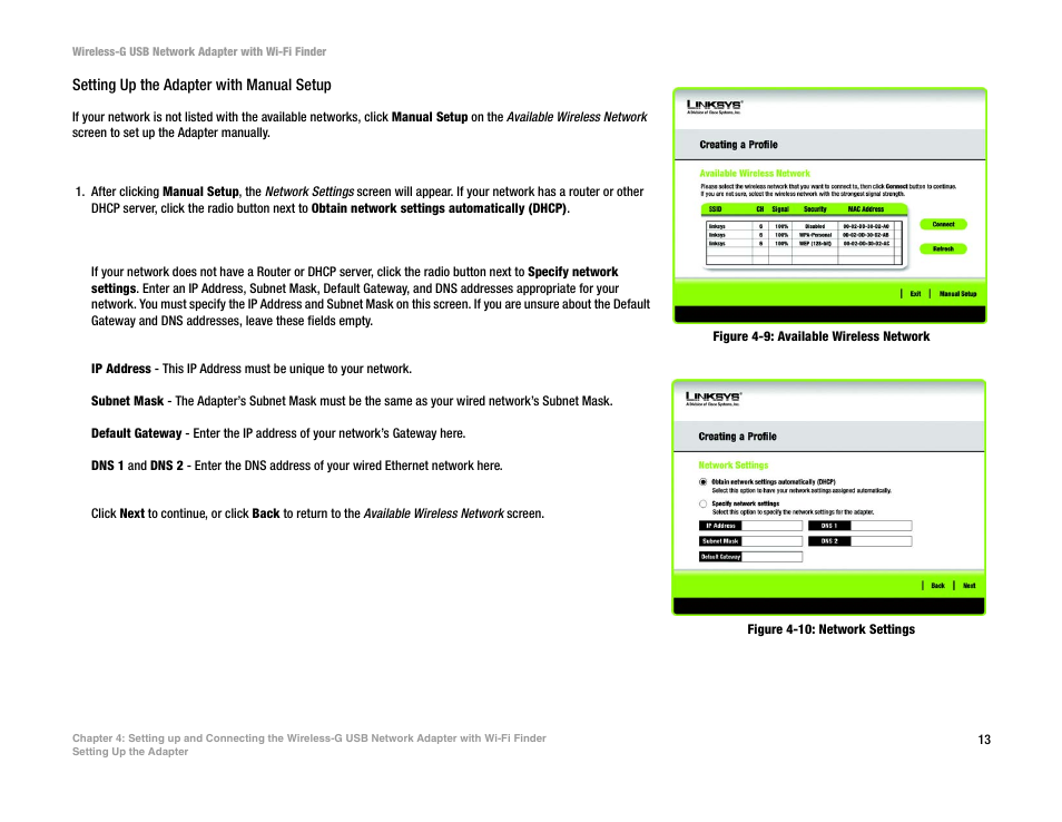 Figure 4-9: available wireless network, Figure 4-10: network settings | Linksys WUSBF54G User Manual | Page 19 / 63