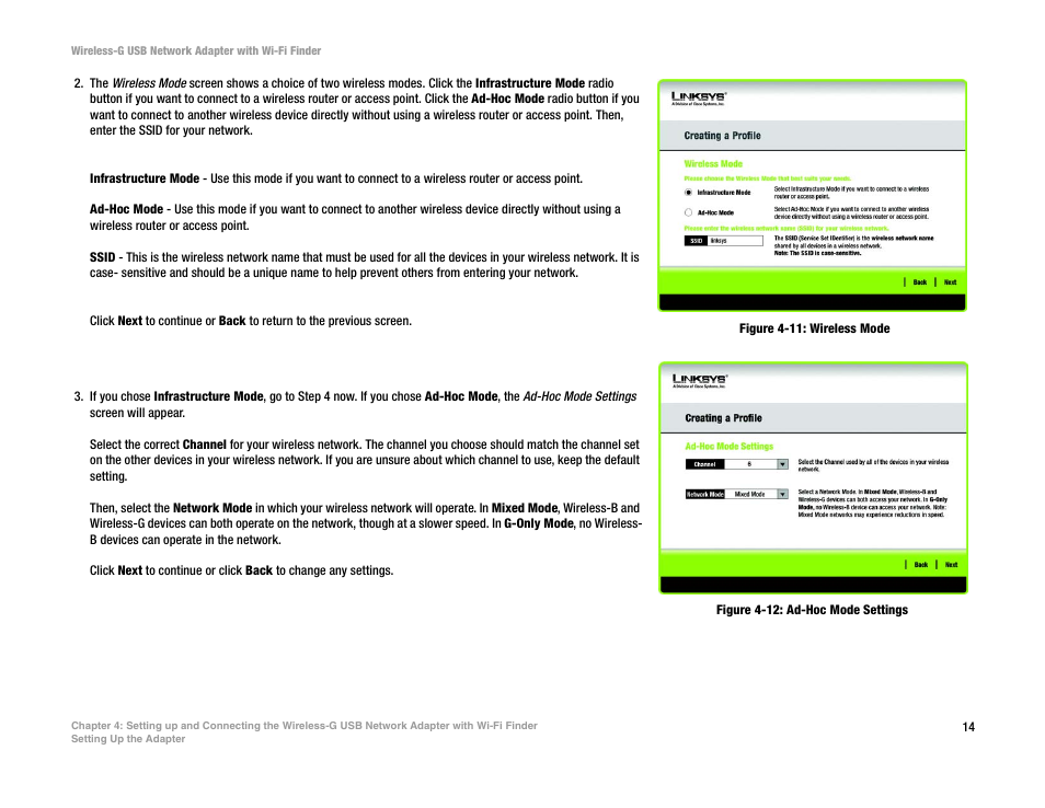Figure 4-11: wireless mode, Figure 4-12: ad-hoc mode settings | Linksys WUSBF54G User Manual | Page 20 / 63