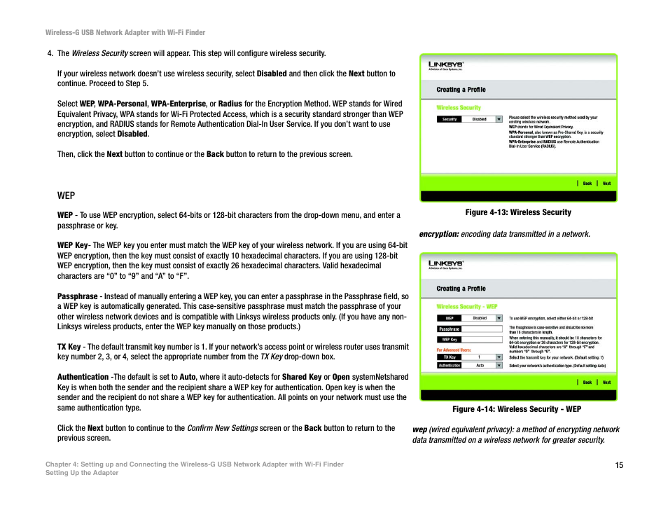 Figure 4-13: wireless security, Figure 4-14: wireless security - wep | Linksys WUSBF54G User Manual | Page 21 / 63
