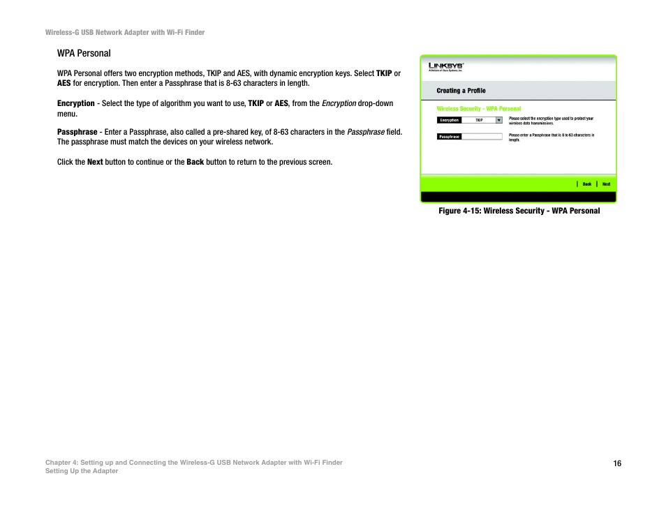 Figure 4-15: wireless security - wpa personal | Linksys WUSBF54G User Manual | Page 22 / 63