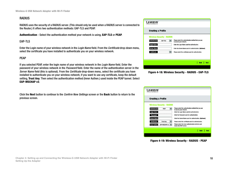 Figure 4-18: wireless security - radius - eap-tls, Figure 4-19: wireless security - radius - peap | Linksys WUSBF54G User Manual | Page 24 / 63