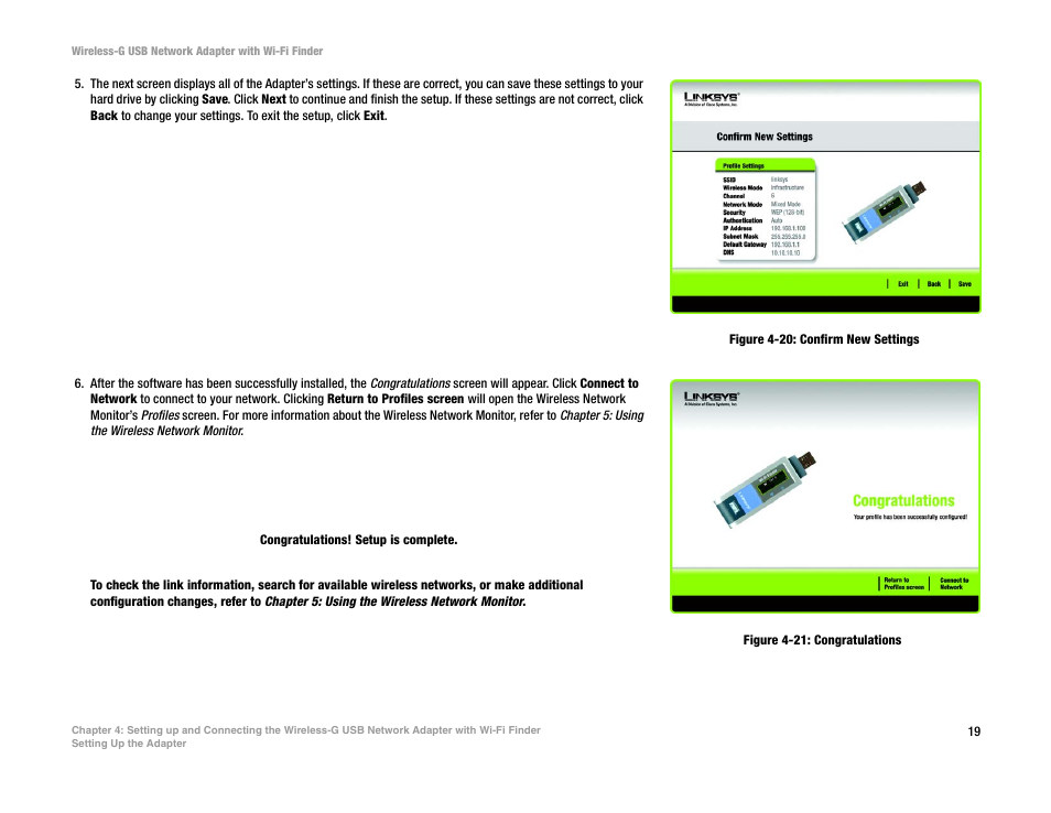 Figure 4-20: confirm new settings, Figure 4-21: congratulations | Linksys WUSBF54G User Manual | Page 25 / 63