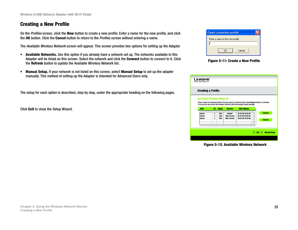 Creating a new profile, Figure 5-11: create a new profile, Figure 5-12: available wireless network | Linksys WUSBF54G User Manual | Page 31 / 63