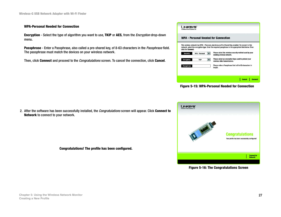 Figure 5-15: wpa-personal needed for connection, Figure 5-16: the congratulations screen | Linksys WUSBF54G User Manual | Page 33 / 63