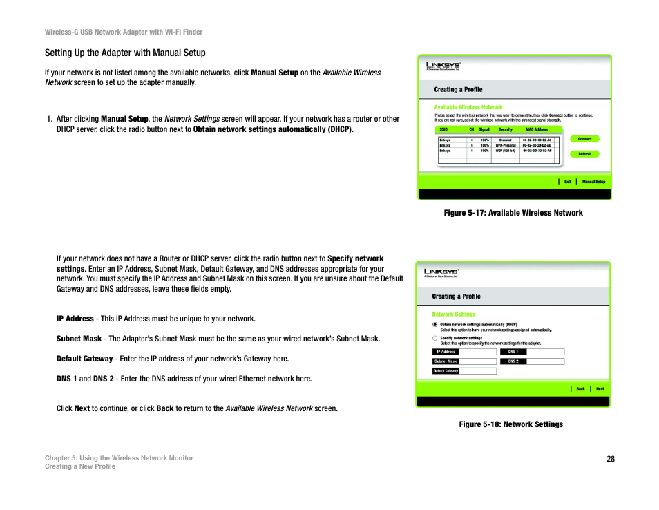 Figure 5-17: available wireless network, Figure 5-18: network settings | Linksys WUSBF54G User Manual | Page 34 / 63