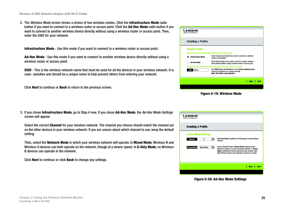 Figure 5-19: wireless mode, Figure 5-20: ad-hoc mode settings | Linksys WUSBF54G User Manual | Page 35 / 63