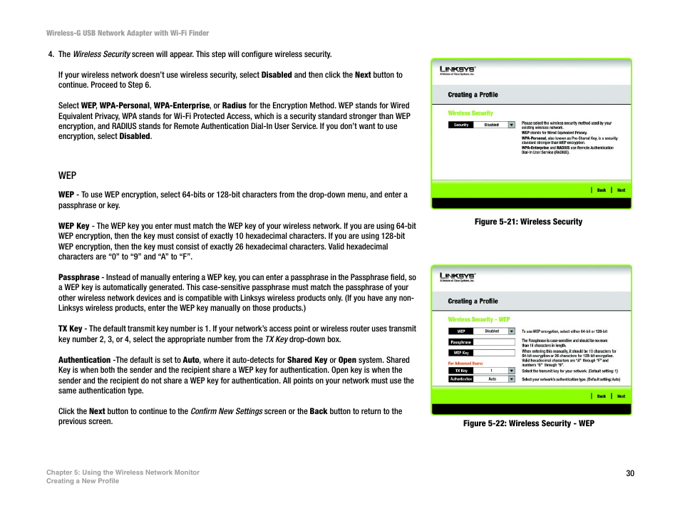 Figure 5-21: wireless security, Figure 5-22: wireless security - wep | Linksys WUSBF54G User Manual | Page 36 / 63