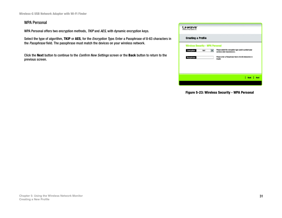 Figure 5-23: wireless security - wpa personal | Linksys WUSBF54G User Manual | Page 37 / 63