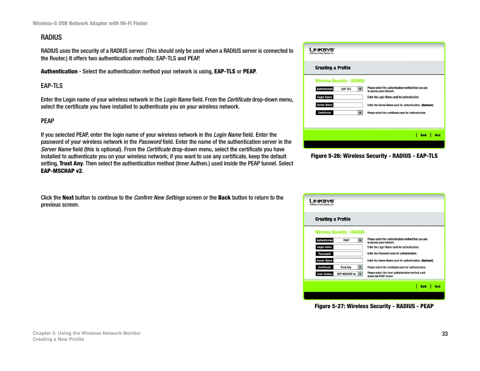 Figure 5-26: wireless security - radius - eap-tls, Figure 5-27: wireless security - radius - peap | Linksys WUSBF54G User Manual | Page 39 / 63