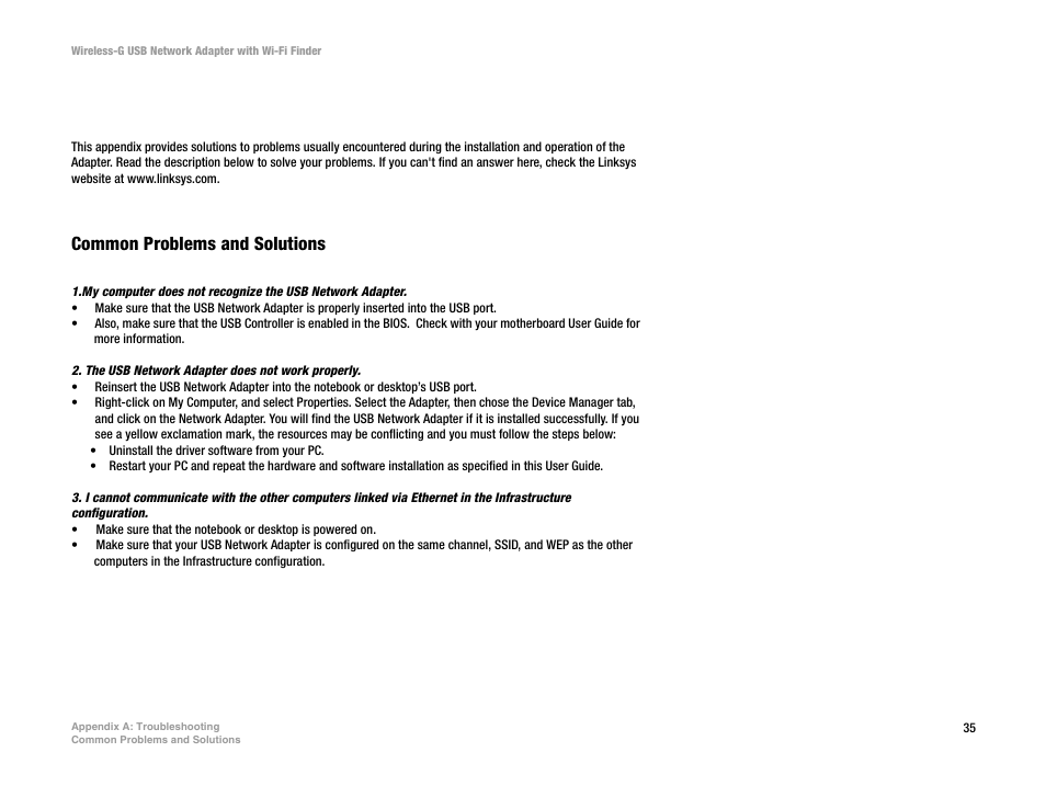 Appendix a: troubleshooting, Common problems and solutions | Linksys WUSBF54G User Manual | Page 41 / 63