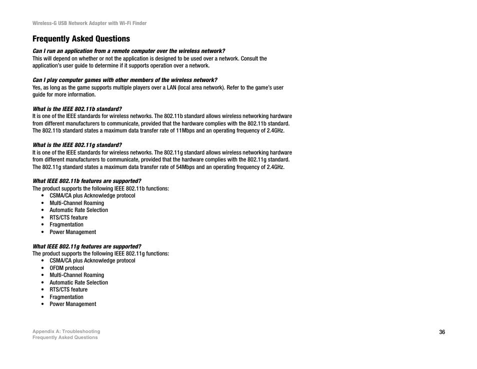 Frequently asked questions | Linksys WUSBF54G User Manual | Page 42 / 63