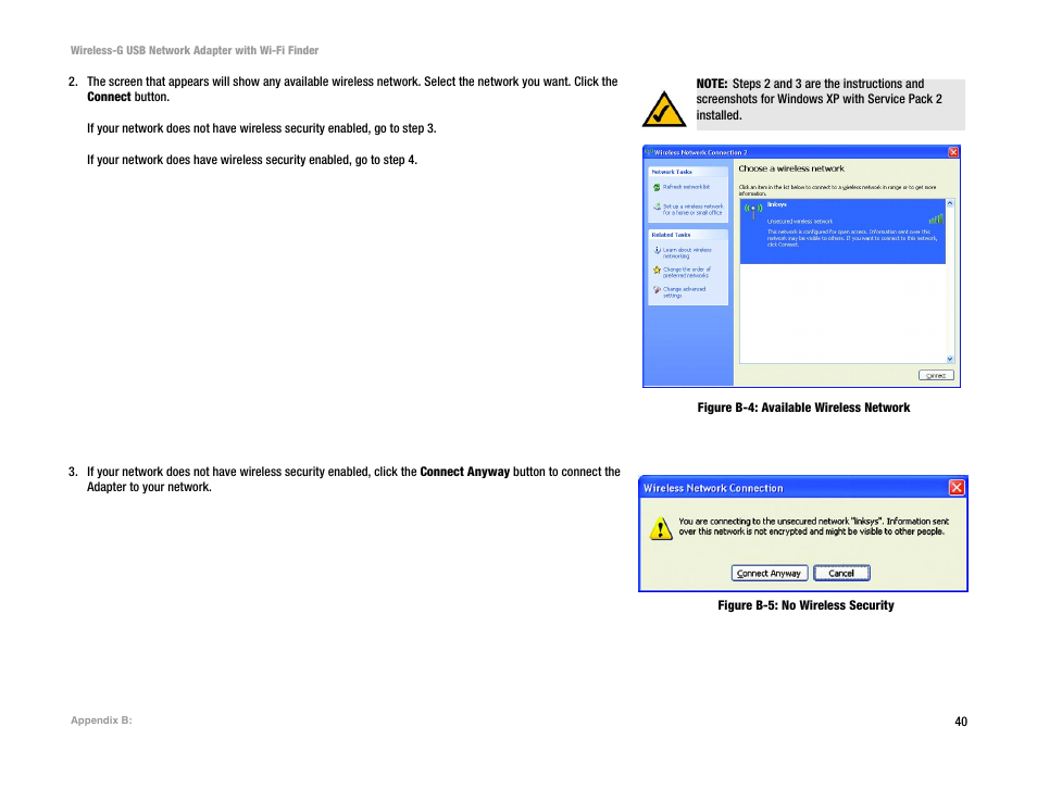 Figure b-4: available wireless network, Figure b-5: no wireless security | Linksys WUSBF54G User Manual | Page 46 / 63